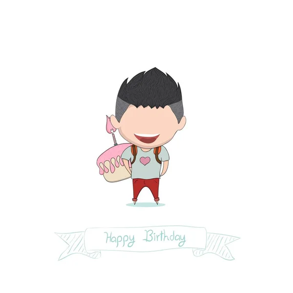 Menino Com Cupcake Aniversário Feliz Aniversário Desenho Mão Vetor — Vetor de Stock