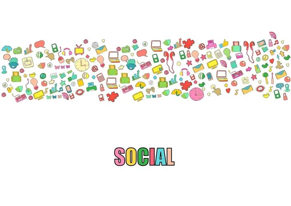 Fond Réseau Social Avec Des Icônes Médias Lettrage Main Éléments — Image vectorielle