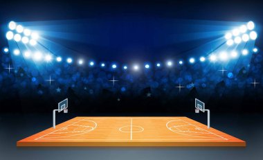 Parlak stadyum ışıkları tasarımlı basketbol sahası. Vektör