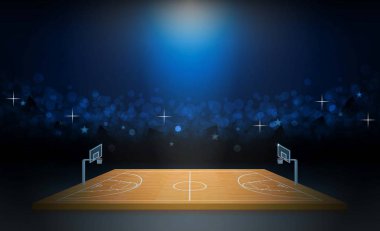 Parlak stadyum ışıkları tasarımlı basketbol sahası. Vektör