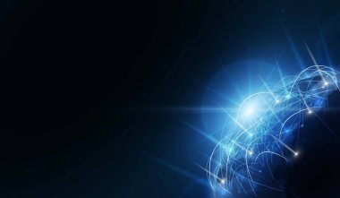 Gündoğumu ve teknoloji ağı ile dünya gezegeni. vektör çizim