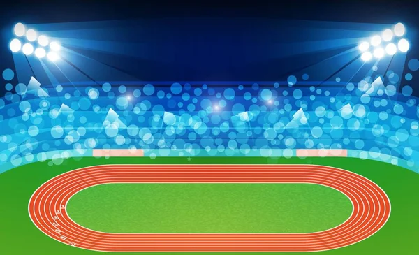 Campo de pista de atletismo con luces de estadio brillante vector desi — Vector de stock