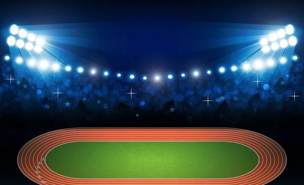 Campo de pista de atletismo con luces de estadio brillante vector desi — Vector de stock