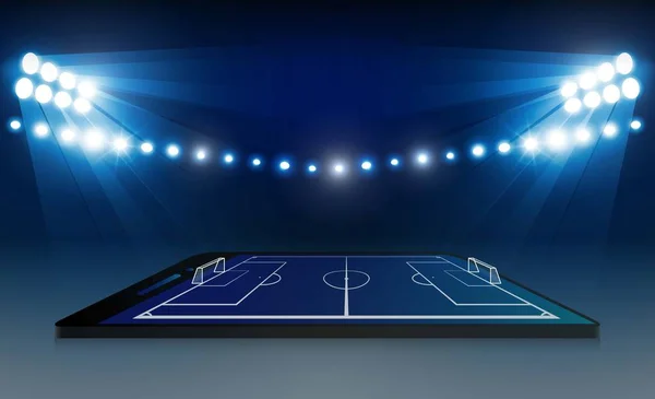 Futbol sahasında telefon, parlak stadyum ışıkları vektörü. — Stok Vektör
