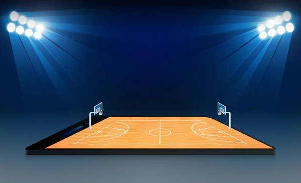 Teléfono en el campo de la arena del baloncesto con las luces brillantes del estadio desig — Vector de stock