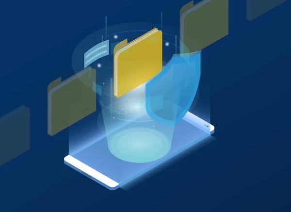 Mobiler Datenschutz mit Ordner und Cloud-Darstellung hologr — Stockvektor