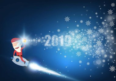 Noel Baba roket fırlatıyor ve bulutların arasından duman çıkarıyor. 