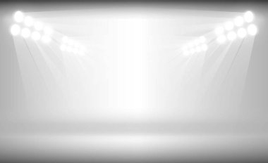 Beyaz arka plan vektör tasarımında parlak stadyum arena ışıkları.