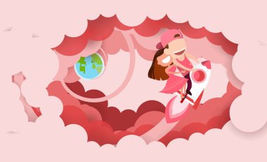 Güzel bir çizgi film. Düğün çifti, kadın ve erkek kartlı roket sürücüsü.