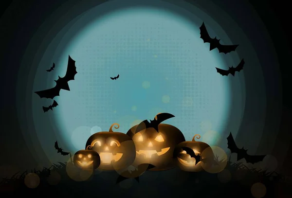 Dark Cute halloween pumpkins and big moon. — Stock Vector