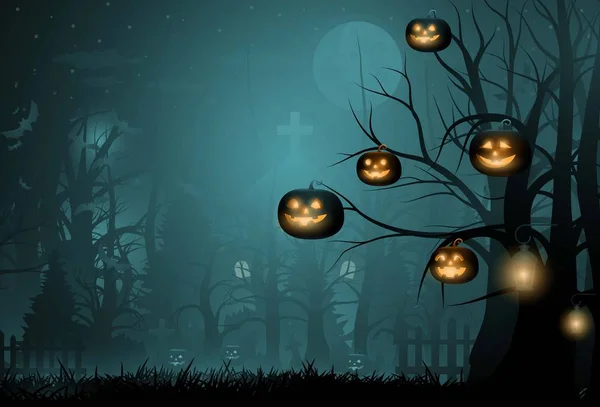 Abóboras de Halloween bonitos escuros e árvore grande . —  Vetores de Stock