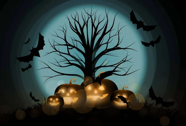 Dark Cute halloween pumpkins and big tree. — Stock Vector