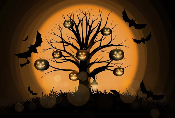 Dark Cute halloween pumpkins and big moon. vector illustration. — Stock Vector
