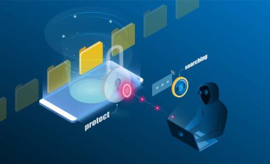 Koruma Sistemi İlerleme Sistemi, bilgisayar korsanları için bulut ve klasöre finansal bilgiler yükleyip indiriyor. 3D izometrik düz tasarım.