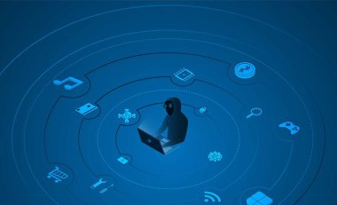 Koruma Sistemi İşlemi. Hacker 'lar için veri bilgilerini yükle ve indir. 3D izometrik düz tasarım.