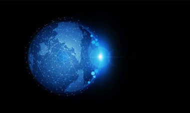 Soyut Aydınlatma teknolojisi arka planı Hitech iletişim konsepti yeniliği güneş doğumu ve teknoloji ağıyla Dünya 'ya gönderildi.