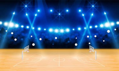 Basketbol arena alan parlak Stadyum ışıkları tasarımı ile. Vektör aydınlatma