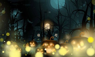 Kara Şirin Cadılar Bayramı için yumuşak ışık arkaplanı olan soyut Bokeh Light altın rengi balkabağı vektör sihirli tatil poster tasarımı.