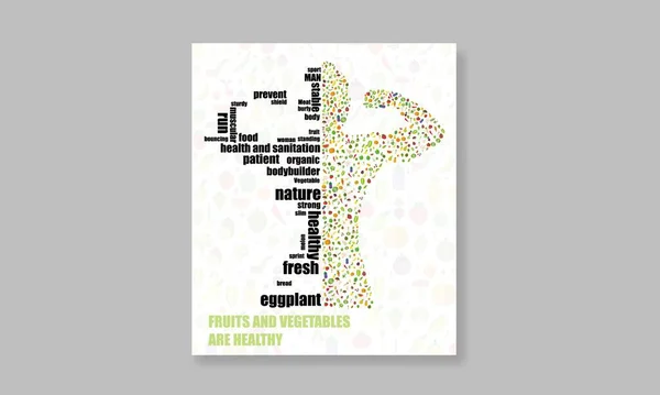 Book Sporty Man Bodybuilder Silhouette Random Vegetable Fruit Background Letters — Stock Vector
