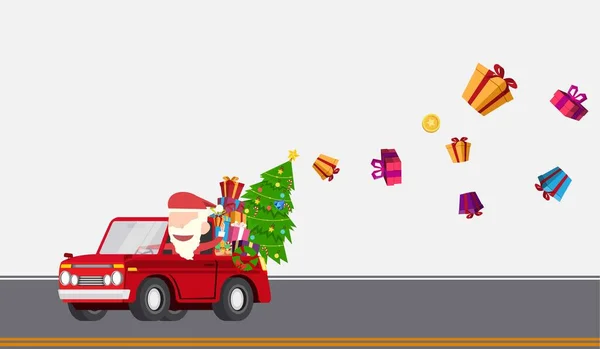 サンタクラスのドライブ車は 道路クリスマスカードや壁紙フラットベクトルデザインに贈り物を与える — ストックベクタ