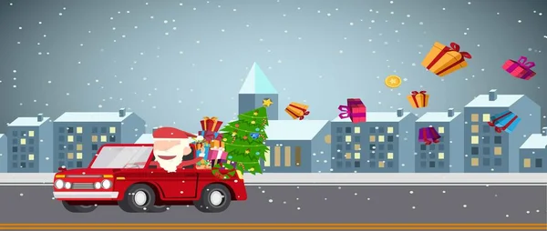 Santa Claus Unidades Coches Regalos Tarjeta Navidad Carretera Diseño Vectores — Archivo Imágenes Vectoriales