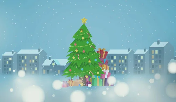Рождественская Елка Подарочная Коробка Фоне Пейзажа Зимнего Города Рождества Векторным — стоковый вектор