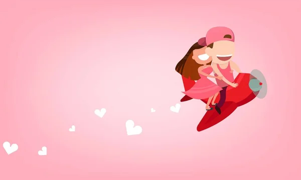 可爱的卡通片婚礼夫妇男女卡片驾驶着飞机升空和心云 平面设计 可爱的情人节贺卡 — 图库矢量图片