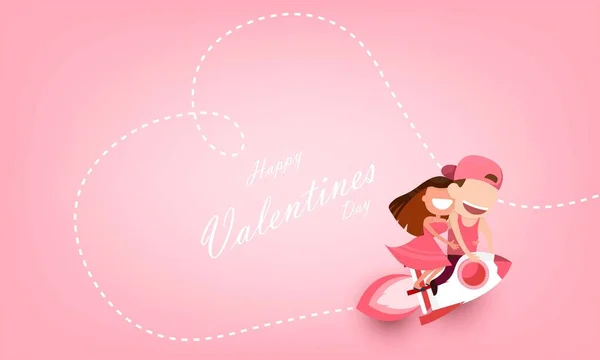 かわいい漫画結婚式のカップルの男性と女性のカードは 飛行機の打ち上げと心の雲を駆動します スタートアップ フラットデザイン かわいいバレンタインデーカード — ストックベクタ