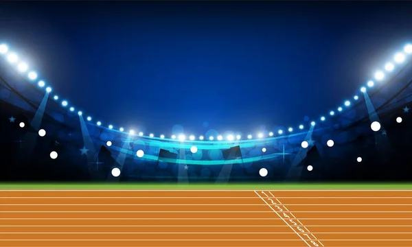 Running Πεδίο Στίβο Στίβου Φωτεινά Φώτα Γήπεδο Στο Σχεδιασμό Νύχτα — Διανυσματικό Αρχείο