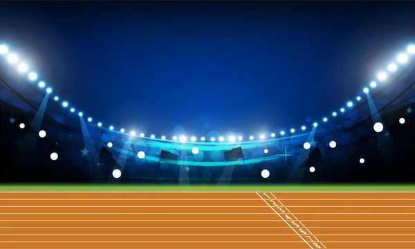 Campo Pista Atletismo Con Luces Estadio Brillantes Diseño Vectorial Nocturno — Vector de stock