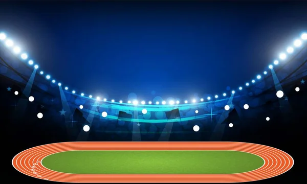 Gece Vektör Tasarımında Parlak Stadyum Işıklarıyla Parkur Sahası — Stok Vektör