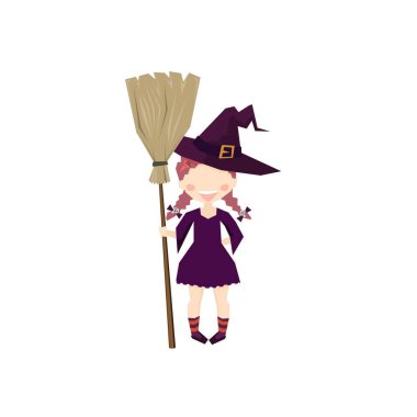 Süpürge tutan cadı. Cadılar bayramı komik ve sevimli karnaval çocukları. Açı vektör tasarımı ile çiz