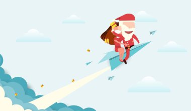 Noel Baba kağıt bir uçağa biniyor ve bulutun düz vektör tasarımında duman çıkıyor..