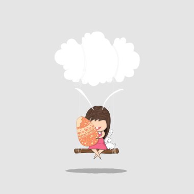 Mutlu Paskalya tavşanı çizgi film kızı yumurtalarla bir bulutta sallanıyor, el-vektör tasarımı çiziyor.