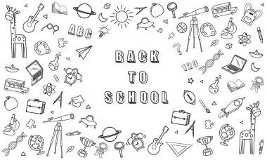 Eğitim okulu kara tahtası kavramı ve farklı şeyler. Okul tasarım vektörüne tekrar hoşgeldiniz.