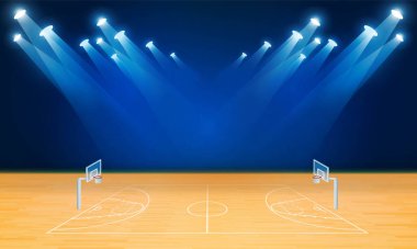 Basketbol arena alan parlak Stadyum ışıkları tasarımı ile. Vektör aydınlatma