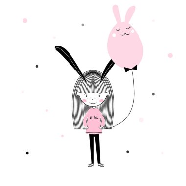 Paskalya temalı çizgi film karakterleri. Tavşan kulaklı ve tavşan şeklinde top tutan bir kız. Yumurta avı, renkli Paskalya grafikleri. Tişört baskısı, duvar sanatı, postervektör tasarımı