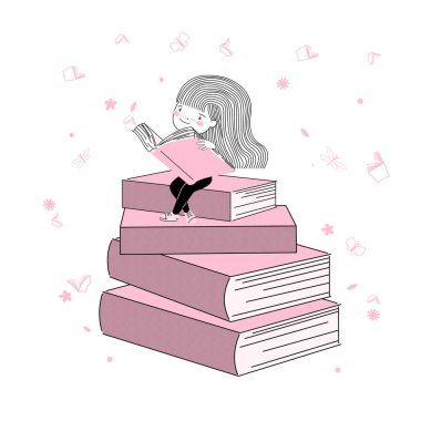 Sevimli küçük öğrenci kız pembe bir kitap okudu ve çizgi roman tarzında. Tişört baskısı, okula dönüş, duvar resimleri poster tasarımı