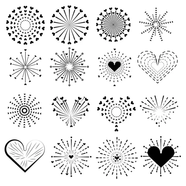 Firework Line Icon Set Valentine Day Heart Happy New Year — Stock Vector