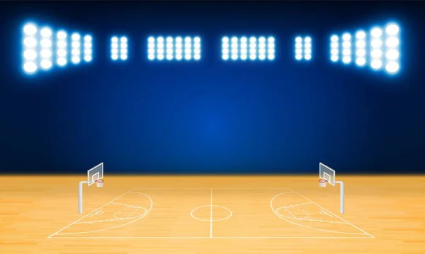 Campo Arena Basquete Com Design Luzes Estádio Brilhante Iluminação Vetorial — Vetor de Stock