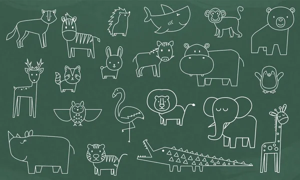Concept Éducation Tableau Noir École Avec Zoo Animals Line Art — Image vectorielle