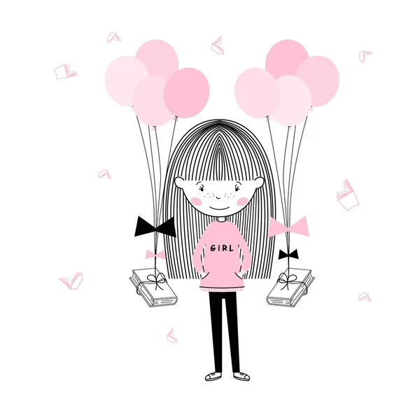 Schattig Klein Student Meisje Roze Een Boek Drijvend Met Ballonnen — Stockvector
