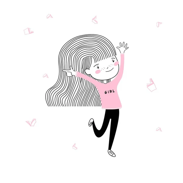 可爱的小女孩高兴地跳着粉红 带着返校 墙壁艺术招贴画矢量设计 — 图库矢量图片