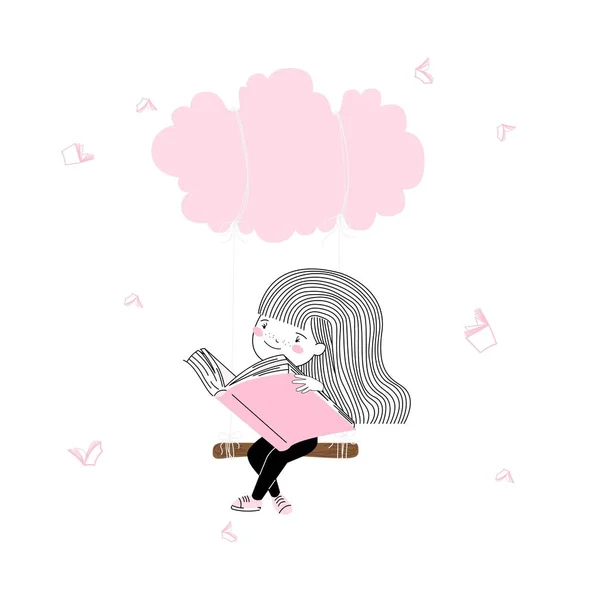귀여운 소녀는 분홍색으로 먹구름 스타일로 흔들면서 읽는다 티셔츠 학교로 포스터 — 스톡 벡터
