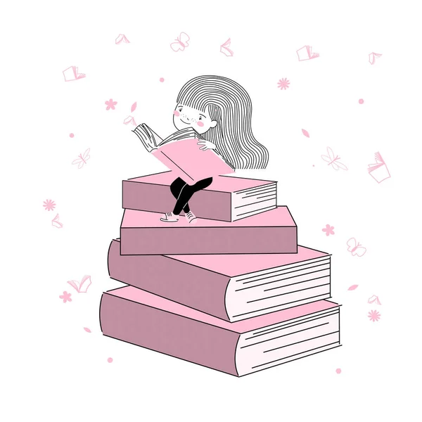 Petite Étudiante Mignonne Livre Rose Avec Sur Style Livre Dessin — Image vectorielle
