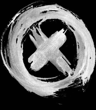 El çizimi çarpı işareti. Fırça boyalı beyaz simge. İzole edilmiş arka planda fırça darbesiyle yapılmış Grunge haçı. X işareti.