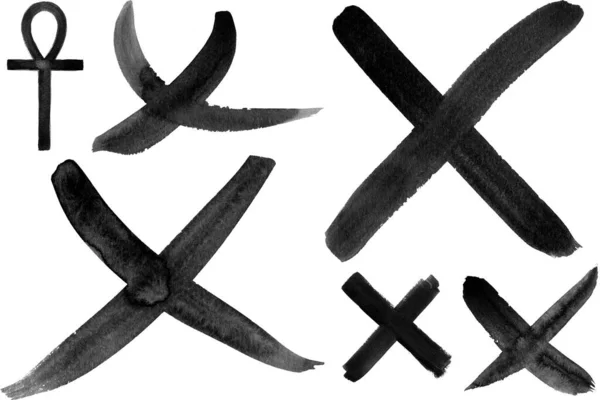 手書きの十字記号のセット ブラシは白のアイコンを描いた 孤立した背景にブラシストロークで作られたグランジクロス Xマーク — ストック写真
