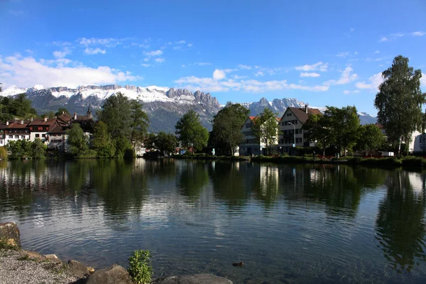 Jezero Nedaleko Hradu Werdenberg Údolí Rýna Švýcarsku — Stock fotografie