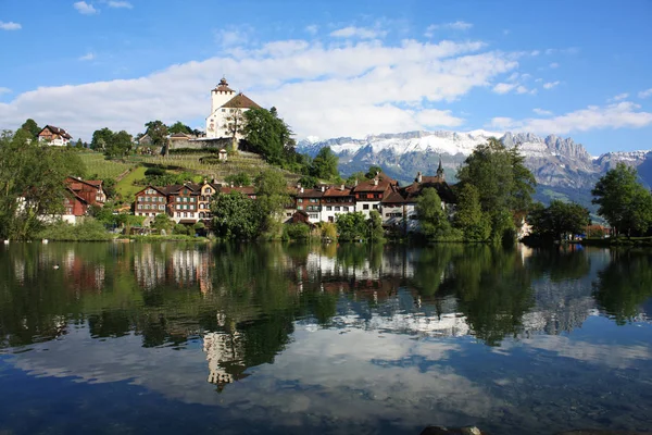 Castle ve göl İsviçre manzara