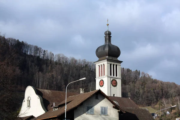 Zimní Krajina Domy Horní Části Alp Švýcarsku Rakousku — Stock fotografie